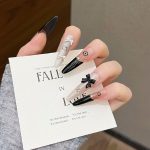 MadeInPanda Black Nude Bow Rhinestone Press On Nails | French Tip Stiletto Nails