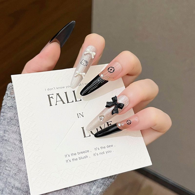 MadeInPanda Black Nude Bow Rhinestone Press On Nails | French Tip Stiletto Nails