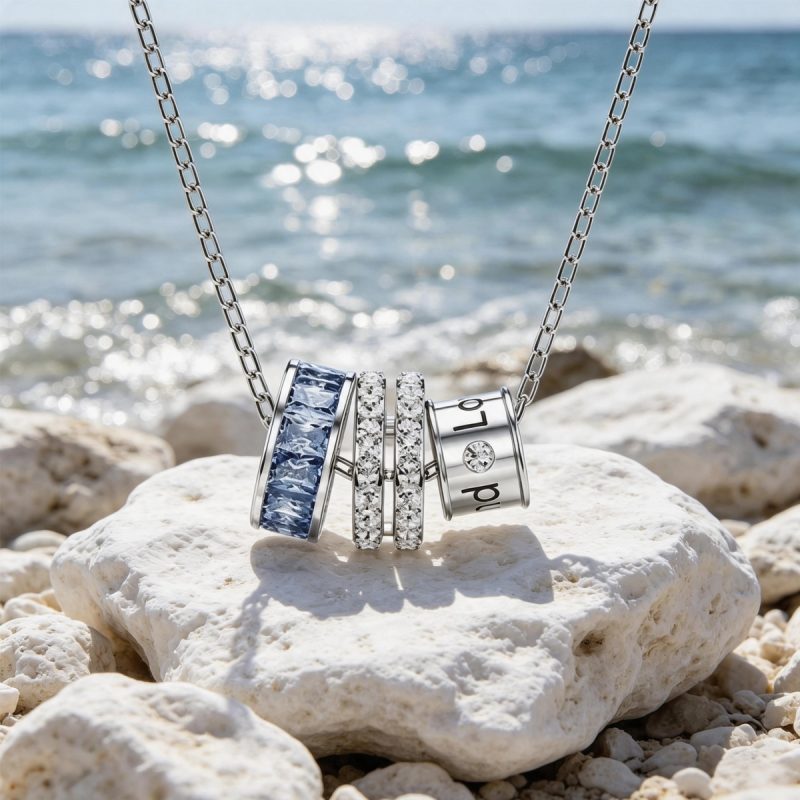Blue Crystal Stacked Barrel Pendant Necklace for Women