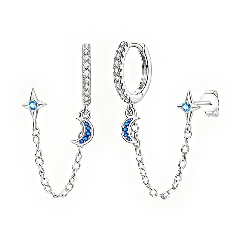 Moon & Star Silver Chain Earrings