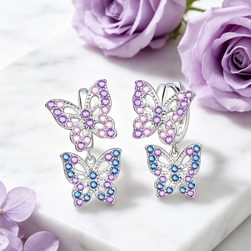 Colorful Double Butterfly Silver Earrings