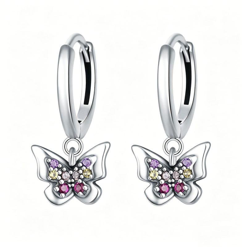Colorful Crystal Butterfly Silver Hoops