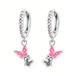 Pink Butterfly Silver Hoops