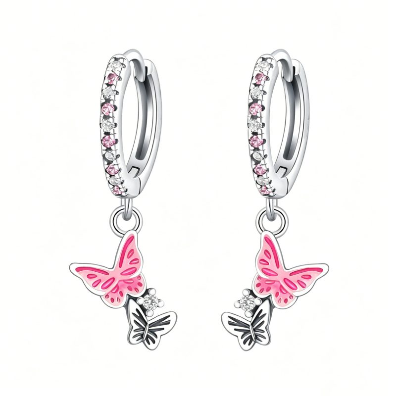 Pink Butterfly Silver Hoops