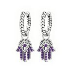 Purple Hamsa Hand Silver Earrings