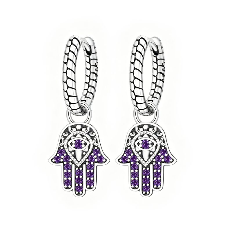 Purple Hamsa Hand Silver Earrings