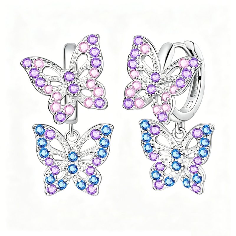Colorful Double Butterfly Silver Earrings