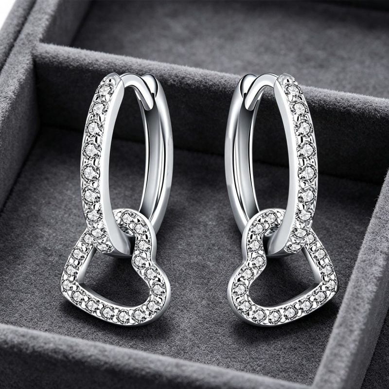 Crystal Heart Silver Hoops