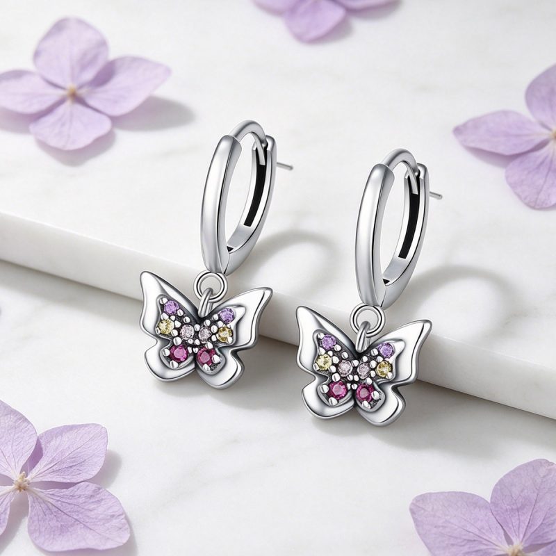 Colorful Crystal Butterfly Silver Hoops