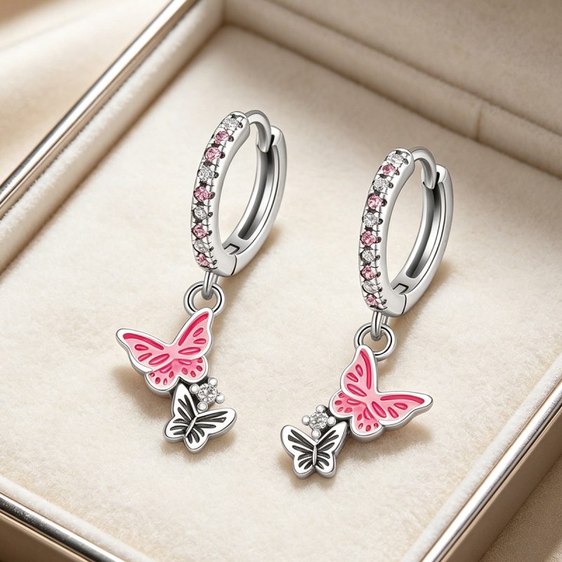 Pink Butterfly Silver Hoops