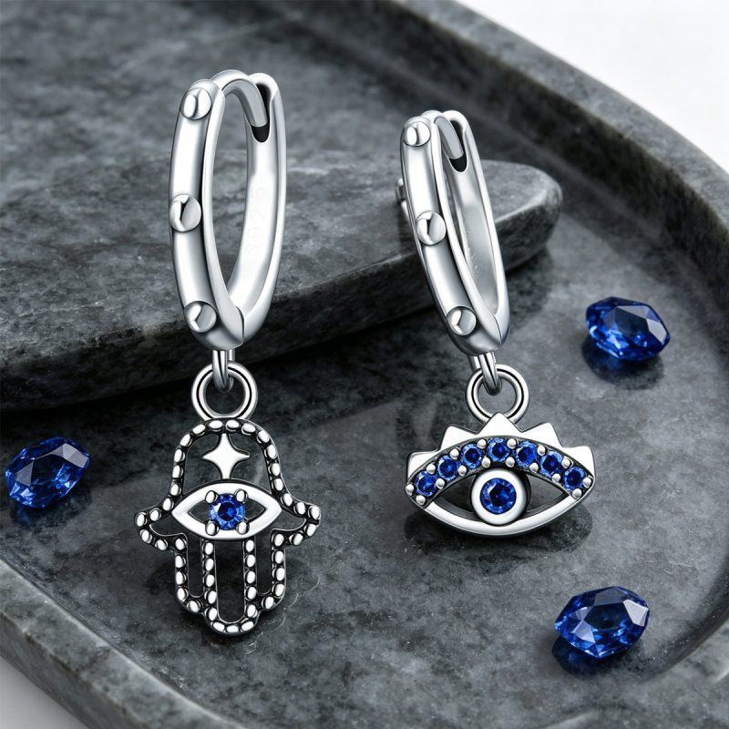 Hamsa & Evil Eye Silver Drop Earrings