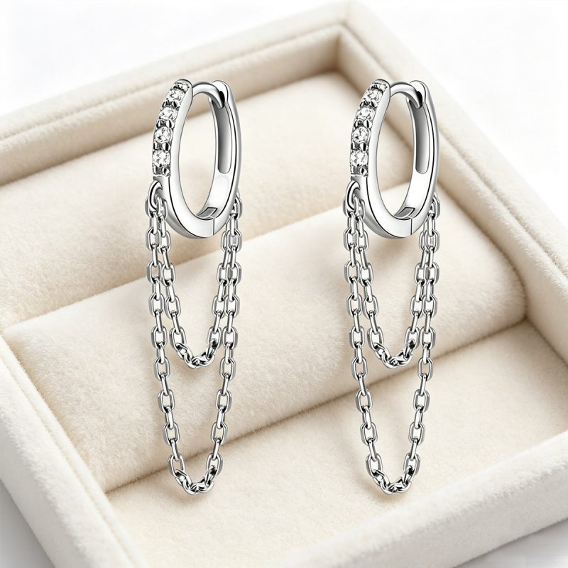 Crystal Chain Silver Hoop Earrings