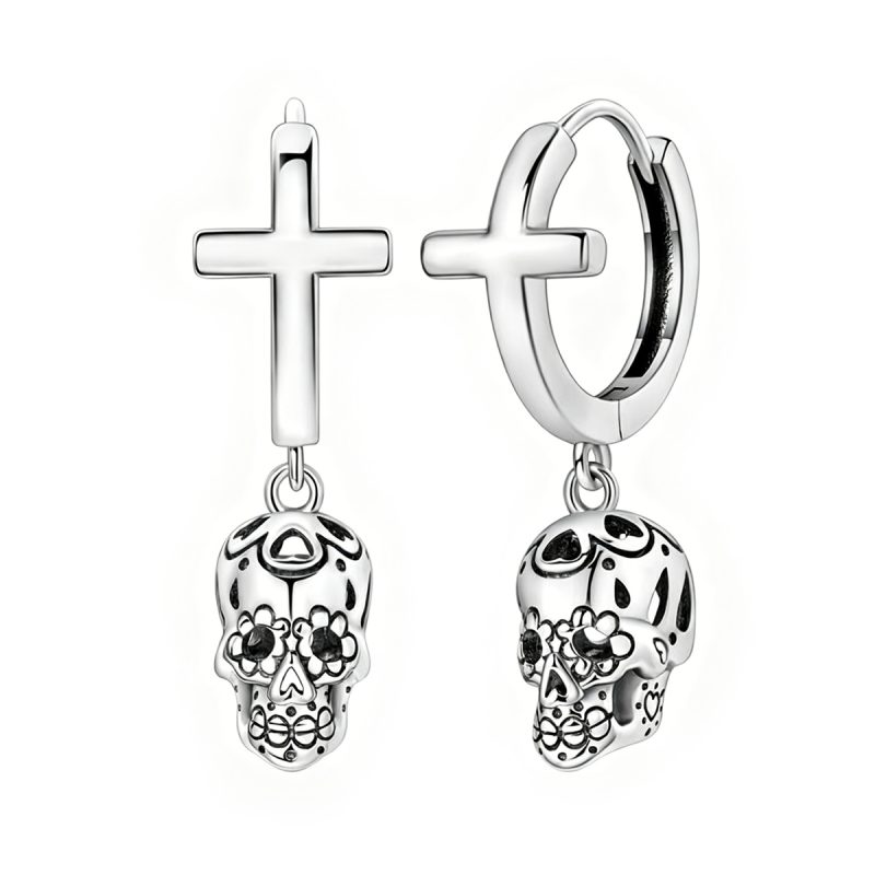 Cross & Skull Silver Drop Earrings