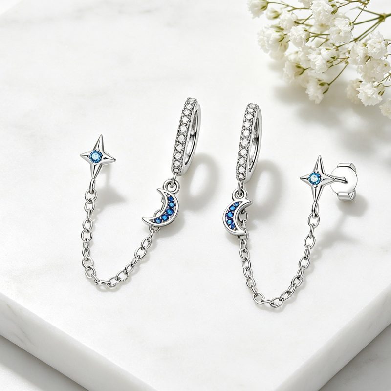 Moon & Star Silver Chain Earrings