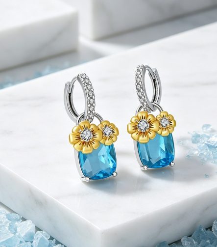 Blue Topaz & Flower Drop Earrings