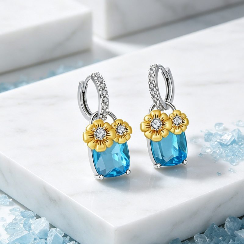 Blue Topaz & Flower Drop Earrings