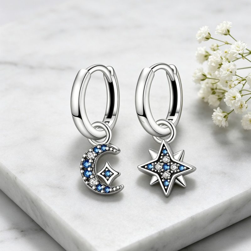 Moon & Star Silver Drop Earrings