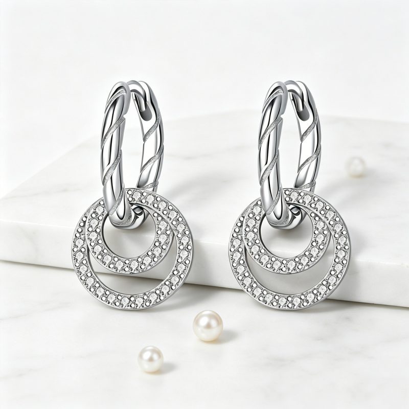 Double Circle Silver Drop Earrings