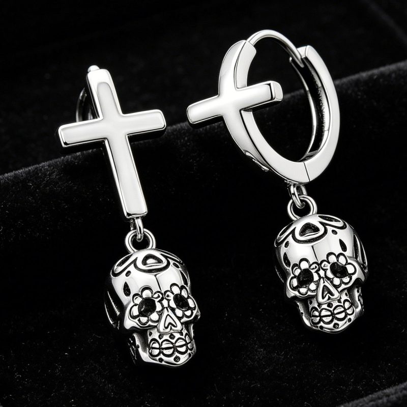 Cross & Skull Silver Drop Earrings