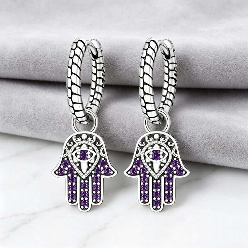 Purple Hamsa Hand Silver Earrings
