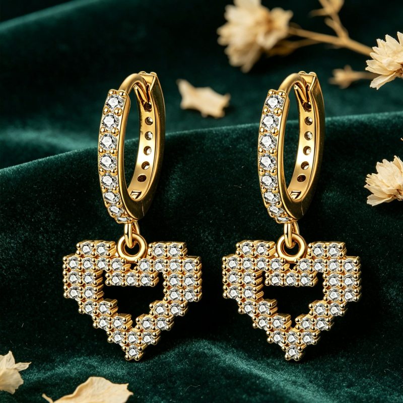 Pixel Heart Gold Drop Earrings