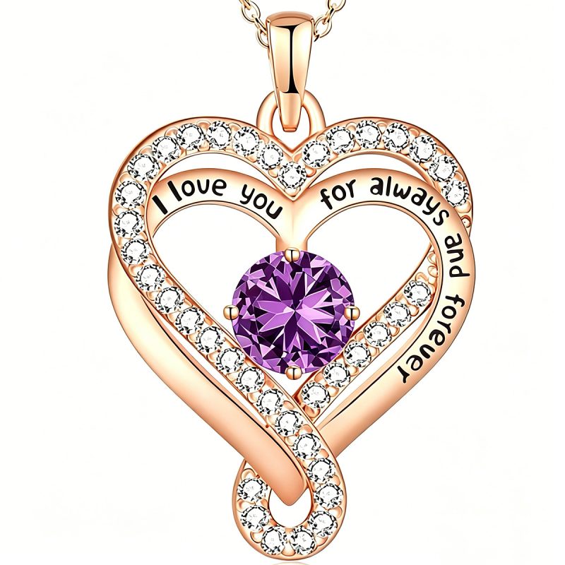 MadeInPanda Rose Gold Plated Copper Heart Pendant Necklace | Engraved "I Love You Forever" CZ Birthstone Clavicle Chain, 5 Colors Dainty Jewelry Gift for Women