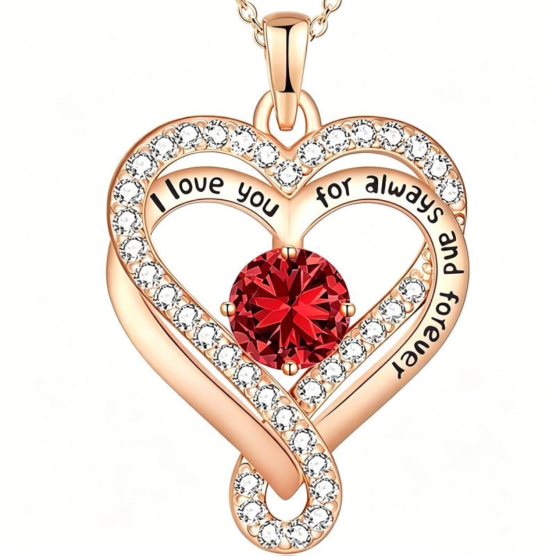 MadeInPanda Rose Gold Plated Copper Heart Pendant Necklace | Engraved "I Love You Forever" CZ Birthstone Clavicle Chain, 5 Colors Dainty Jewelry Gift for Women