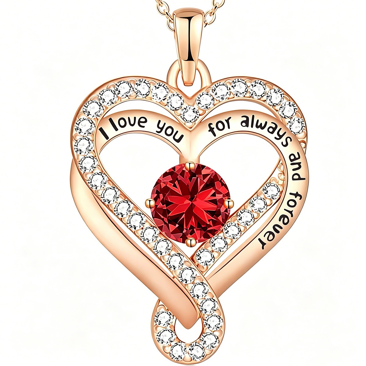 made in panda-Necklace-Electroplating -2026-E002-4 MadeInPanda Rose Gold Plated Copper Heart Pendant Necklace | Engraved "I Love You Forever" CZ Birthstone Clavicle Chain, 5 Colors Dainty Jewelry Gift for Women