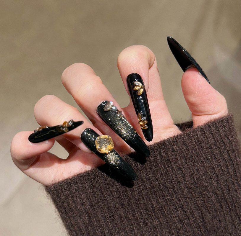 MadeInPanda Black Nude Gold Rhinestone Stiletto Press On Nails - premium press on nails
