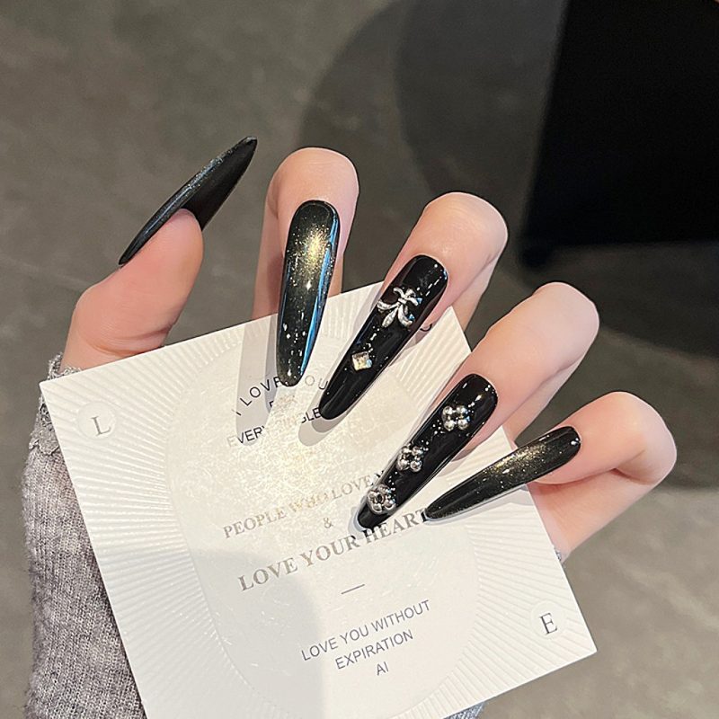 MadeInPanda Black Nude Silver Rhinestone Stiletto Press On Nails - premium press on nails