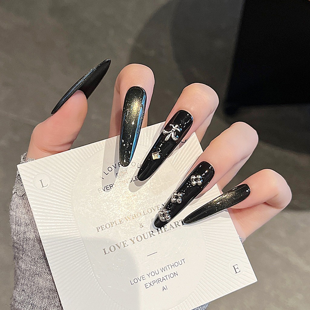 Black-Nude-Silver-Press-On-Nails-MP-N039-4.jpg MadeInPanda Black Nude Silver Rhinestone Stiletto Press On Nails - premium press on nails