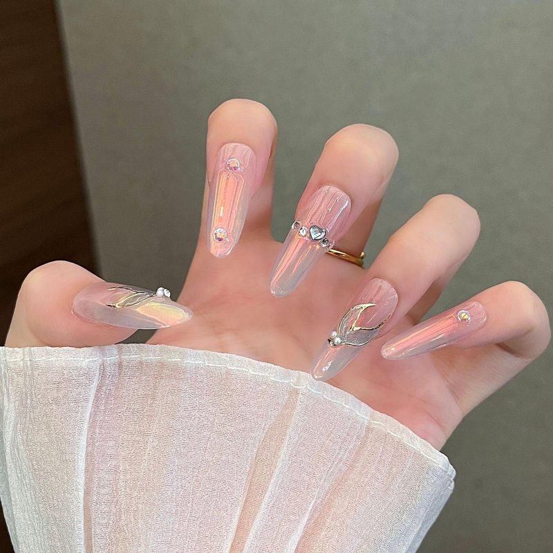 MadeInPanda Clear Nude Opal Rhinestone Press On Nails - premium press on nails