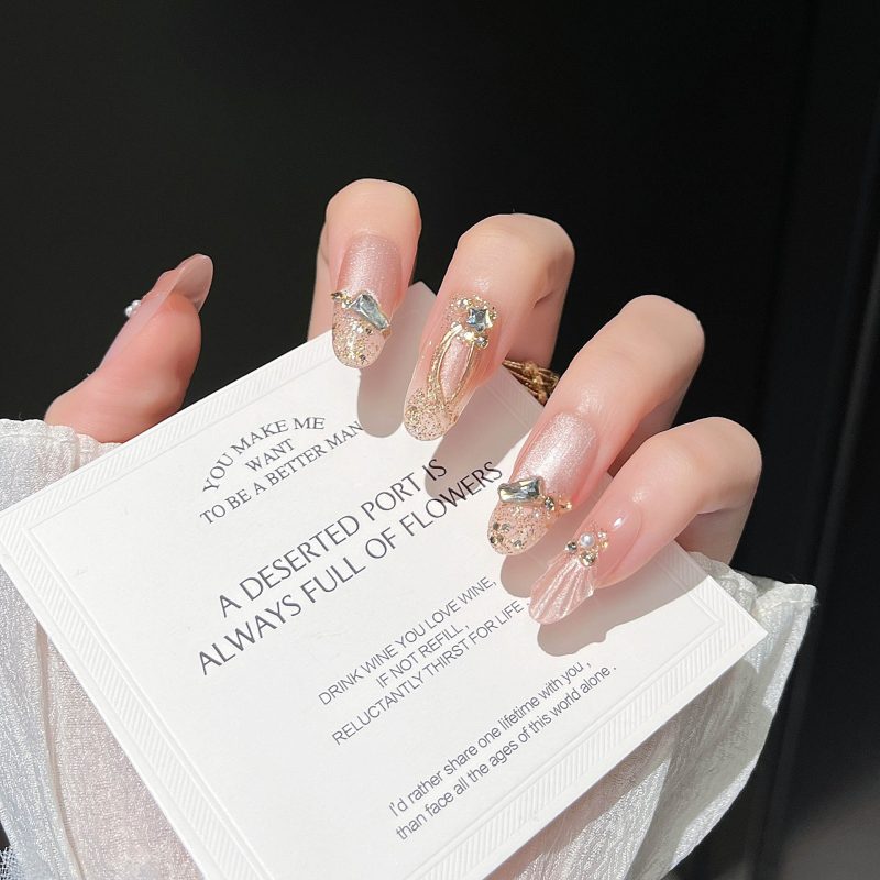 MadeInPanda Clear Nude Silver Chain Rhinestone Press On Nails - premium press on nails