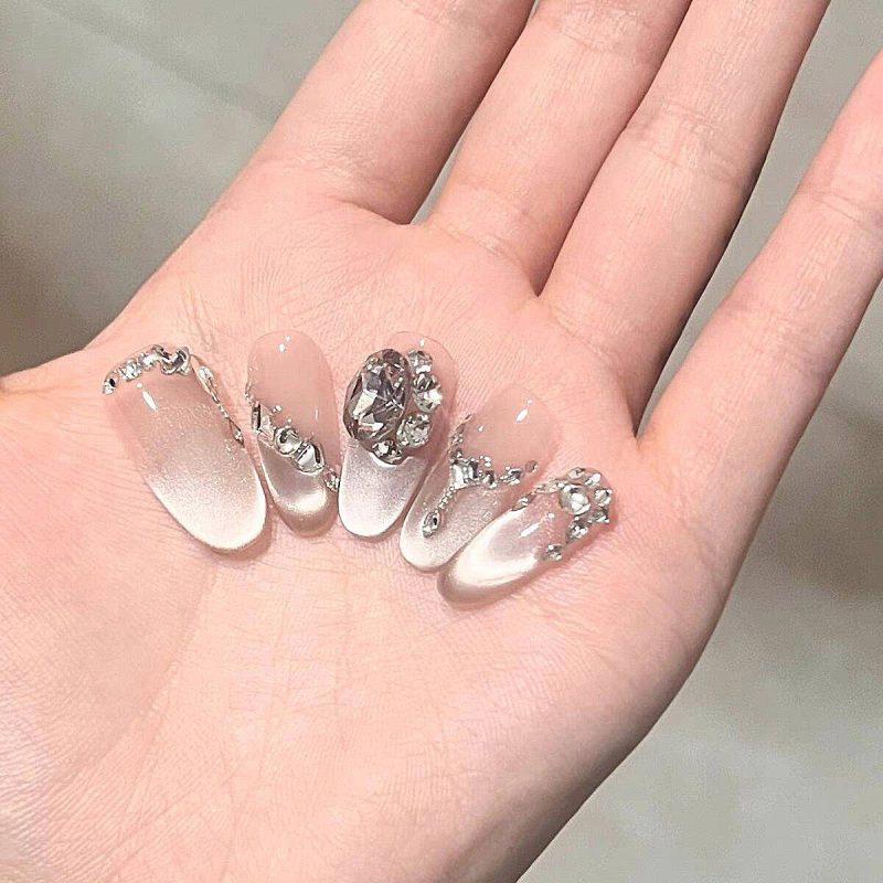 MadeInPanda Nude Silver Rhinestone Ombre Press On Nails - premium press on nails