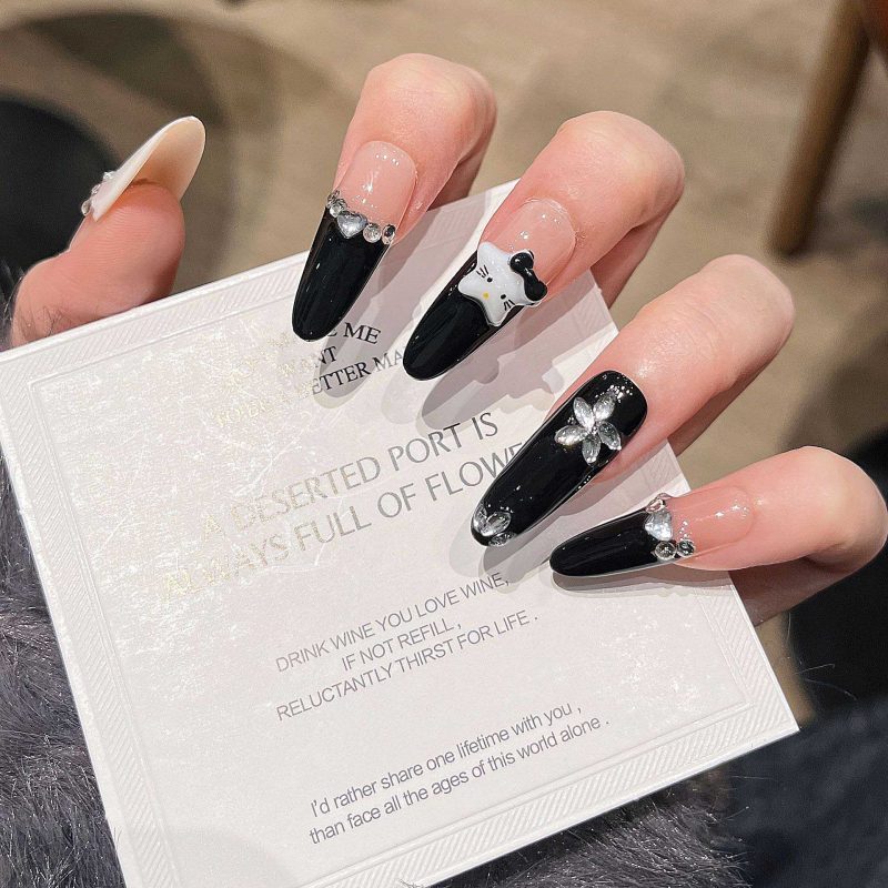 MadeInPanda Black Nude French Tip Panda Press On Nails - premium press on nails