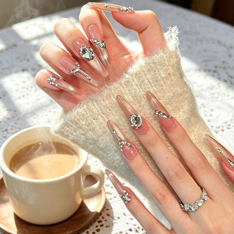 MadeInPanda Nude Base Luxury Silver Rhinestone Stiletto Press On Nails - premium press on nails