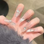 MadeInPanda Nude Base Silver Bow & Rhinestone Press On Nails - premium press on nails