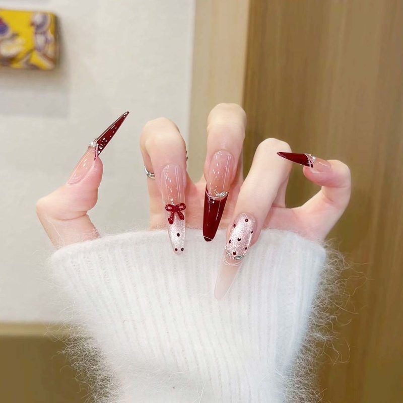 MadeInPanda Red Nude Bow & Polka Dot Press On Nails - premium press on nails