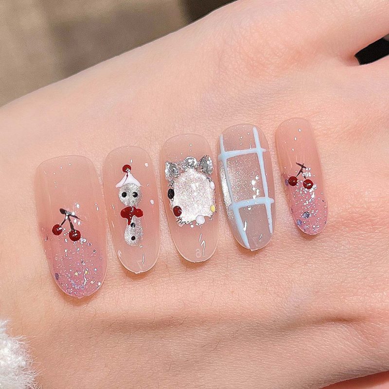 MadeInPanda Nude Pink Cartoon & Cherry Press On Nails - premium press on nails