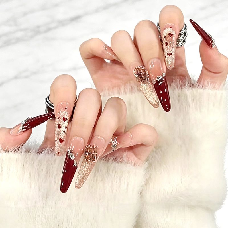 MadeInPanda Nude Red Glitter Press On Nails - premium press on nails