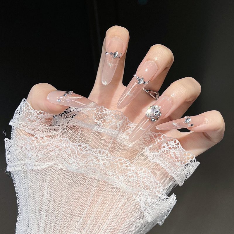 MadeInPanda Clear Nude Silver Rhinestone Press On Nails - premium press on nails