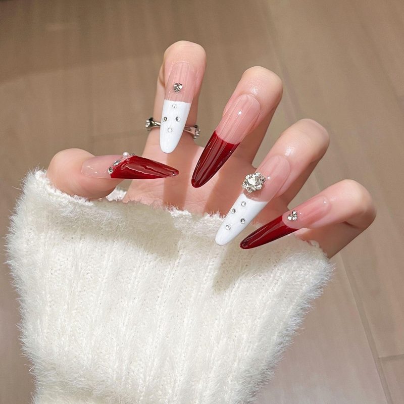 MadeInPanda Red Nude White French Tip Press On Nails - premium press on nails