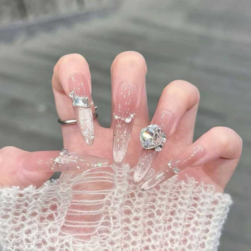 MadeInPanda Nude to Silver Glitter Gradient Press On Nails - premium press on nails