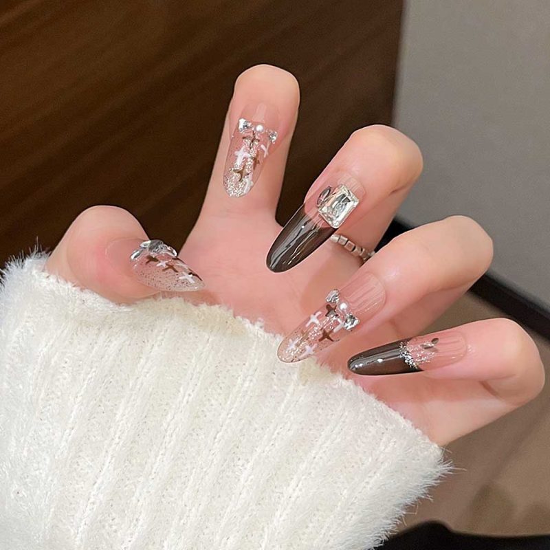 MadeInPanda Nude Black French Tip Press On Nails - premium press on nails