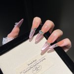 MadeInPanda Nude to Pink Chrome Long Stiletto Press On Nails with Silver Bow & Rhinestone Accents - premium press on nails