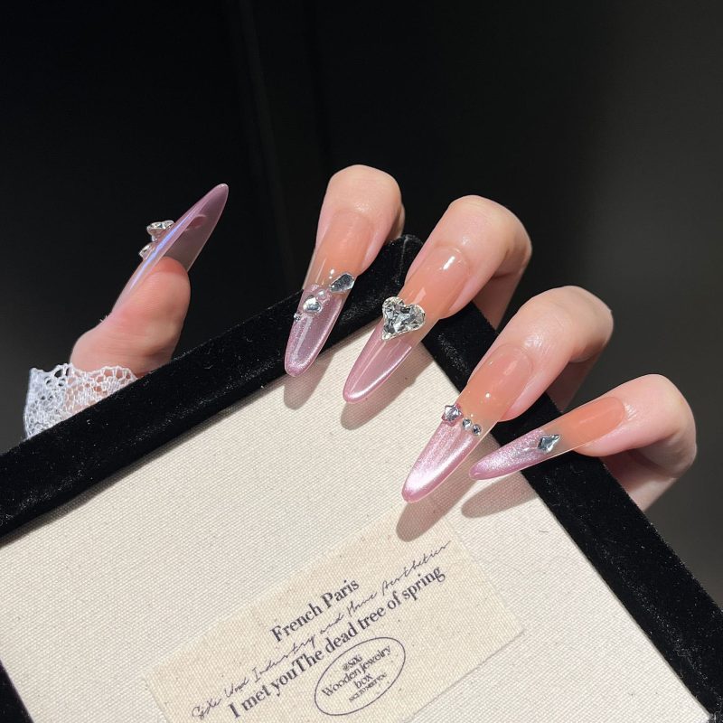 MadeInPanda Nude to Pink Chrome Long Stiletto Press On Nails with Silver Bow & Rhinestone Accents - premium press on nails