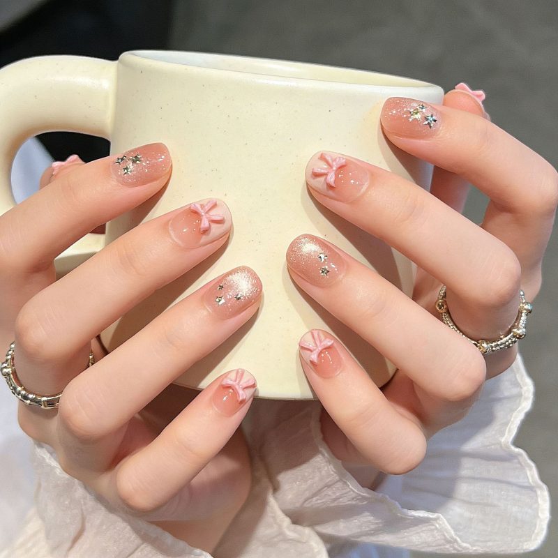 MadeInPanda Nude Pink Short Press On Nails with 3D Pink Bows - premium press on nails