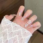 MadeInPanda Nude Long Stiletto Press On Nails with 3D White Flowers - premium press on nails