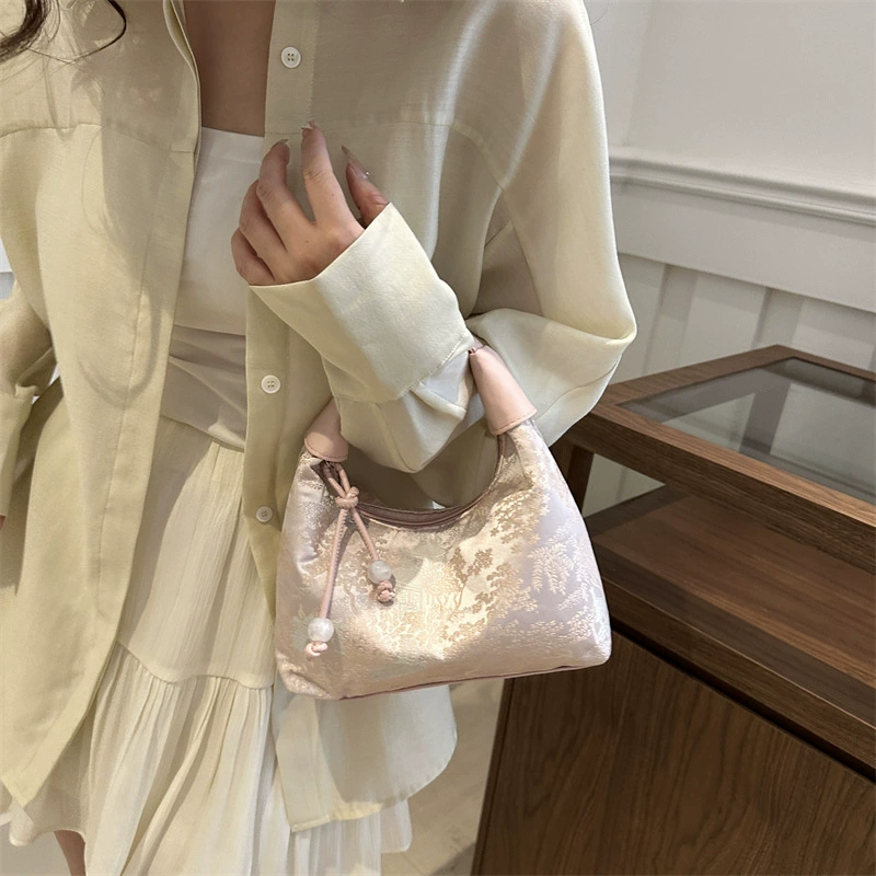 HanShan Chinese Silk Bucket Bag for Women - 2025 New Style Embroidery Crossbody Shoulder Bag - Vintage Boho Small Silk Purse with Stitching Detail - Lightweight Zip Closure Daily Bag - Trendy Handbag and Messenger - 1 Piece - Image 2 - MadeInPanda