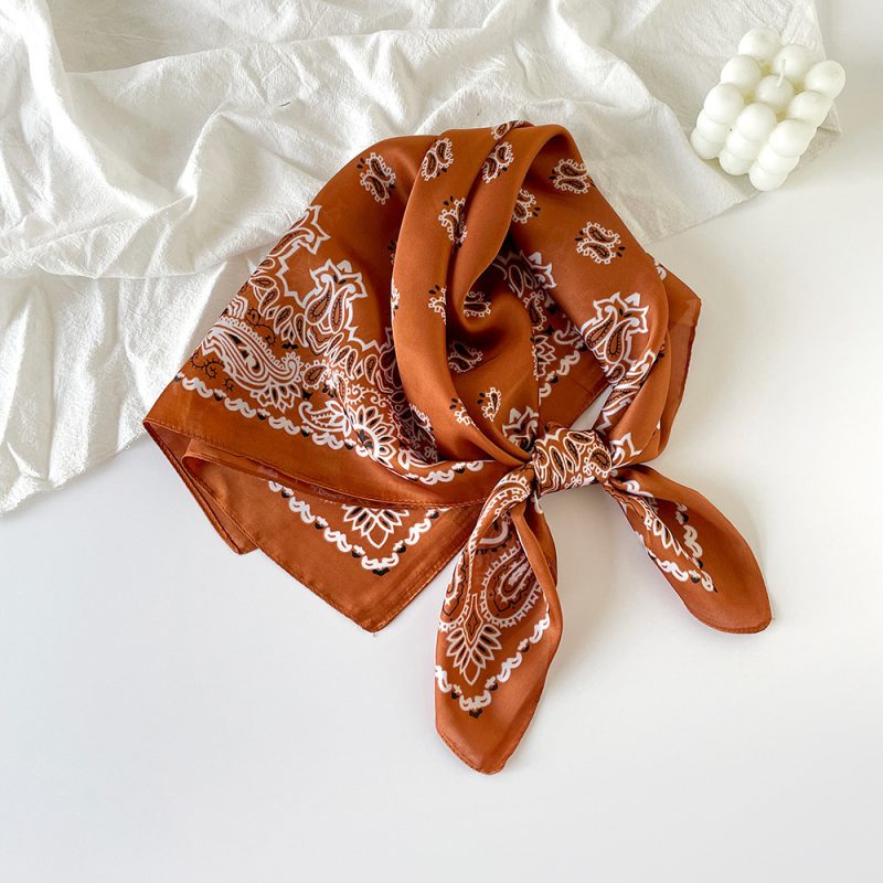 AISu 咖色 Silk Square Scarf - 70cm Chiffon Printed Pattern - Summer Fashion Bandana Neck Scarf - 1 Piece - MadeInPanda